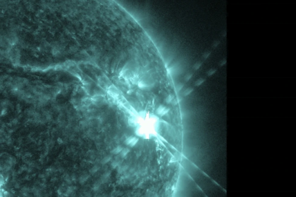 This photo provided by NASA’s Solar Dynamics Observatory captured this image of a solar flare, as seen in the bright flash in the upper right, on Thursday, Dec. 14, 2023. The sun spit out the huge flare at noon on Thursday, resulting in two hours of radio interference in the U.S. and other sunlit parts of the world. (NASA via AP)